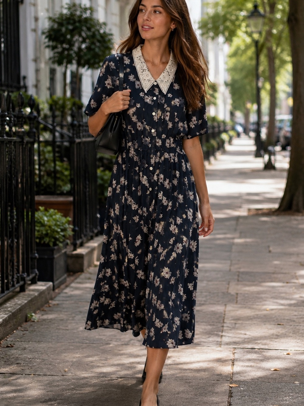 Vintage Liz Claiborne Navy Floral Midi Dress with Cream Lace Collar